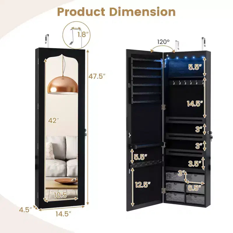 Costway Schmuckschrank mit Ganzkörperspiegel und eingebauten LED-Leuchten, Haken und Regalen