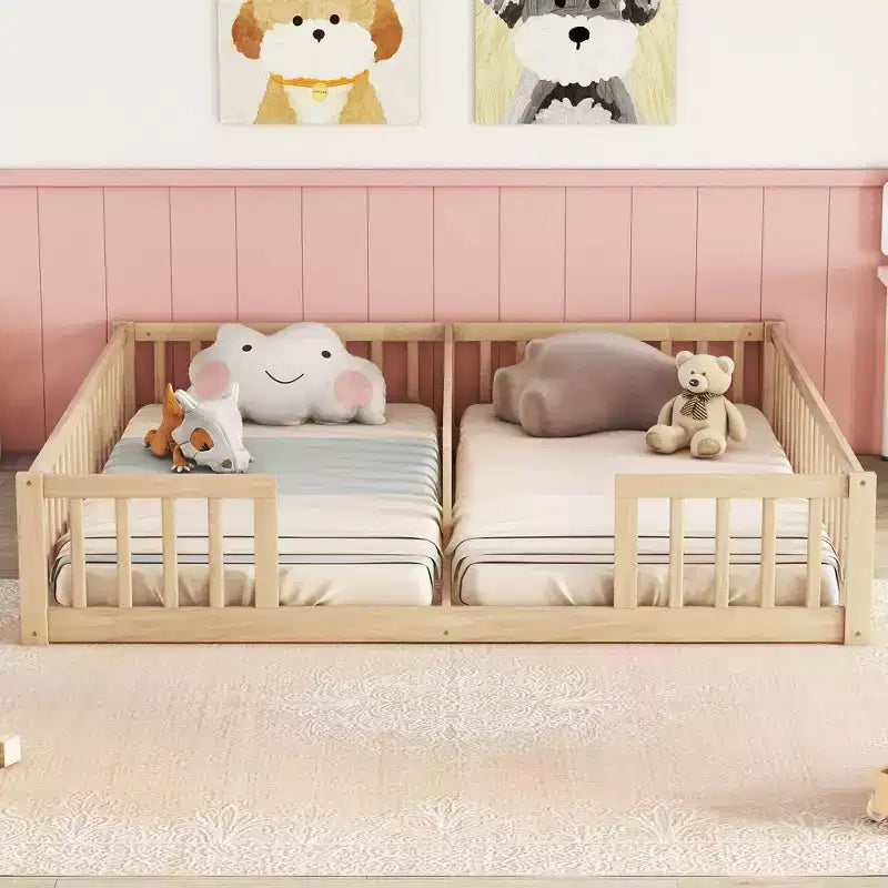 TUYOHW Doppel-Kleinkind-Bodenbett für Kinder mit Zaun, modernes Montessori-Bett mit Rausfallschutz für das Schlafzimmer
