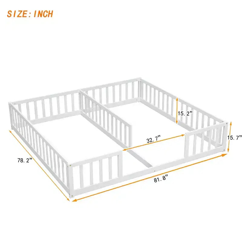 TUYOHW Doppel-Kleinkind-Bodenbett für Kinder mit Zaun, modernes Montessori-Bett mit Rausfallschutz für das Schlafzimmer