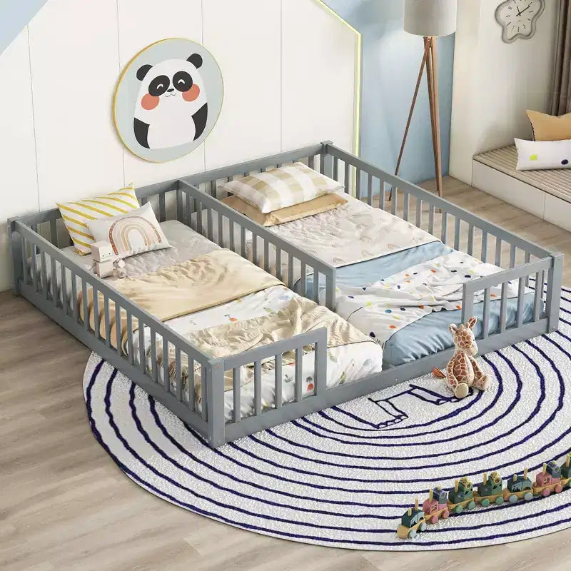 TUYOHW Doppel-Kleinkind-Bodenbett für Kinder mit Zaun, modernes Montessori-Bett mit Rausfallschutz für das Schlafzimmer