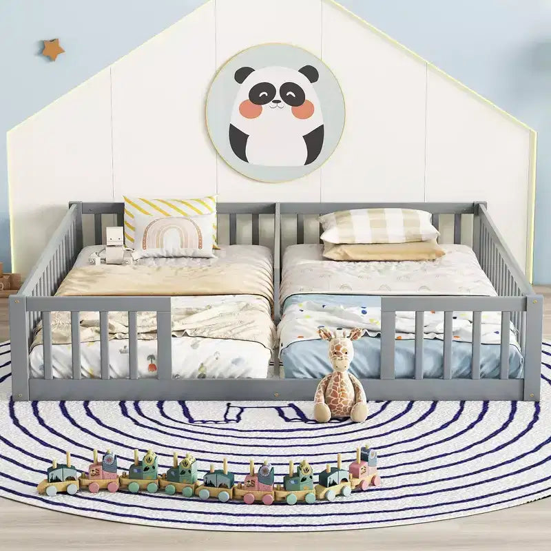 TUYOHW Doppel-Kleinkind-Bodenbett für Kinder mit Zaun, modernes Montessori-Bett mit Rausfallschutz für das Schlafzimmer