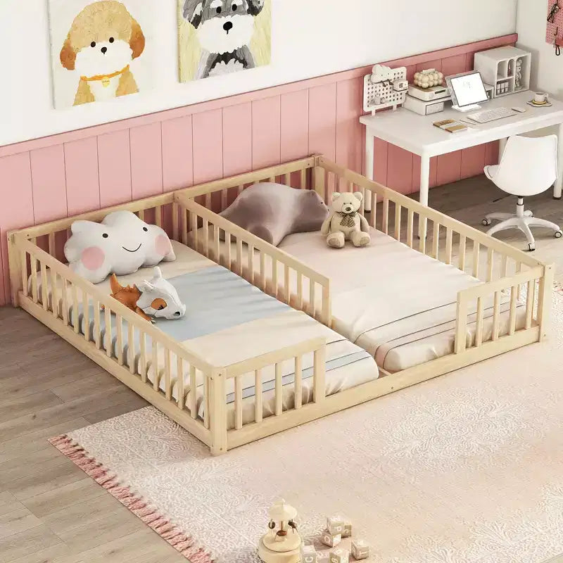 TUYOHW Doppel-Kleinkind-Bodenbett für Kinder mit Zaun, modernes Montessori-Bett mit Rausfallschutz für das Schlafzimmer