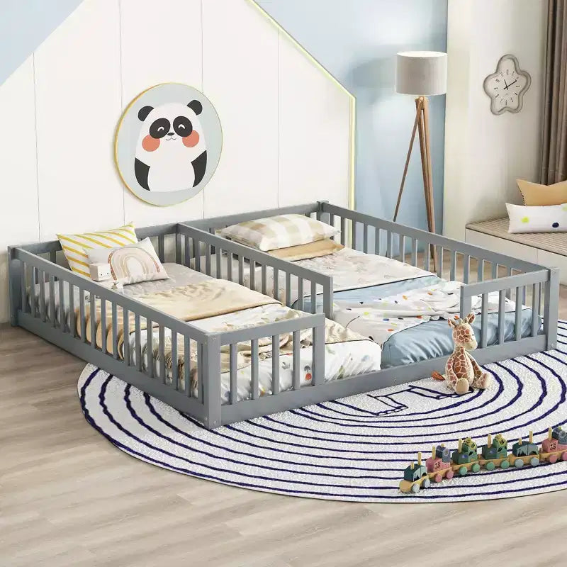 TUYOHW Double Twin Size Toddler Floor Bed for Kids with Fence,Modern Montessori Bed with Guardrails for Bedroom