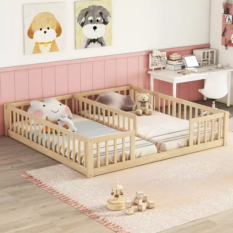 TUYOHW Doppel-Kleinkind-Bodenbett für Kinder mit Zaun, modernes Montessori-Bett mit Rausfallschutz für das Schlafzimmer