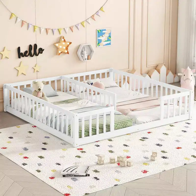 TUYOHW Doppel-Kleinkind-Bodenbett für Kinder mit Zaun, modernes Montessori-Bett mit Rausfallschutz für das Schlafzimmer