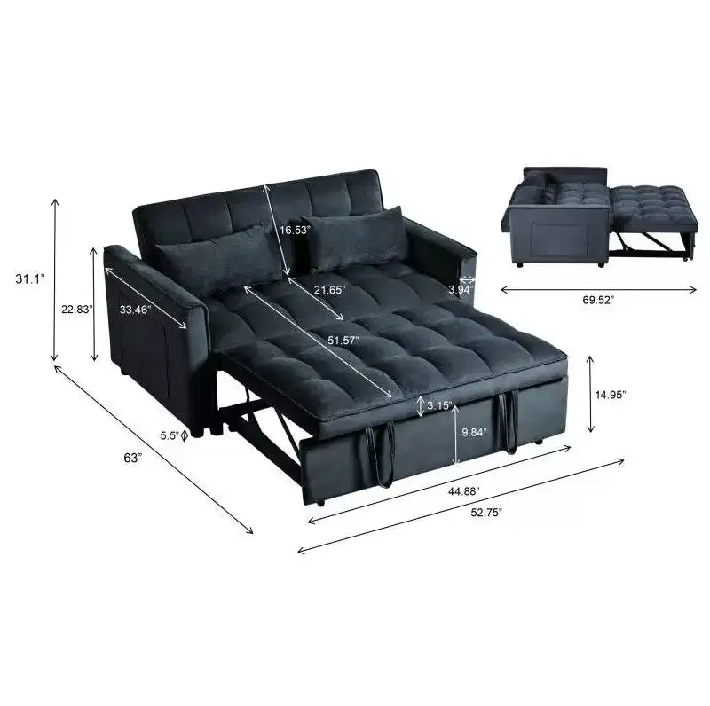 TUYOHW 3-in-1 Schlafsofa, modernes Ausziehsofa mit verstellbarer Rückenlehne und Aufbewahrungstaschen, Samt-Zweisitzer für Wohnzimmer