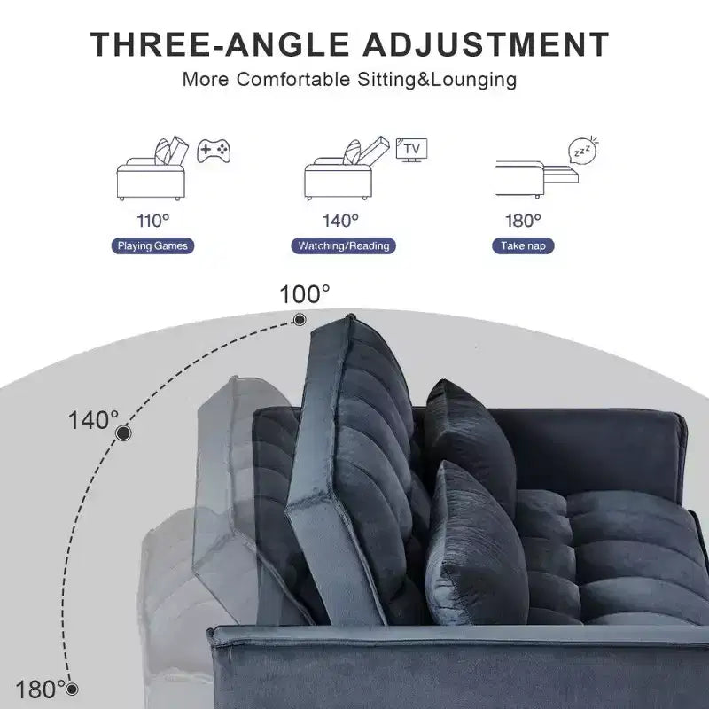 TUYOHW 3-in-1 Schlafsofa, modernes Ausziehsofa mit verstellbarer Rückenlehne und Aufbewahrungstaschen, Samt-Zweisitzer für Wohnzimmer