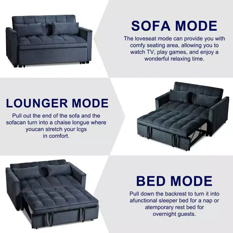 TUYOHW 3-in-1 Schlafsofa, modernes Ausziehsofa mit verstellbarer Rückenlehne und Aufbewahrungstaschen, Samt-Zweisitzer für Wohnzimmer