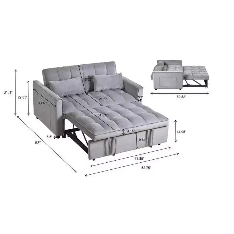 TUYOHW 3-in-1 Schlafsofa, modernes Ausziehsofa mit verstellbarer Rückenlehne und Aufbewahrungstaschen, Samt-Zweisitzer für Wohnzimmer