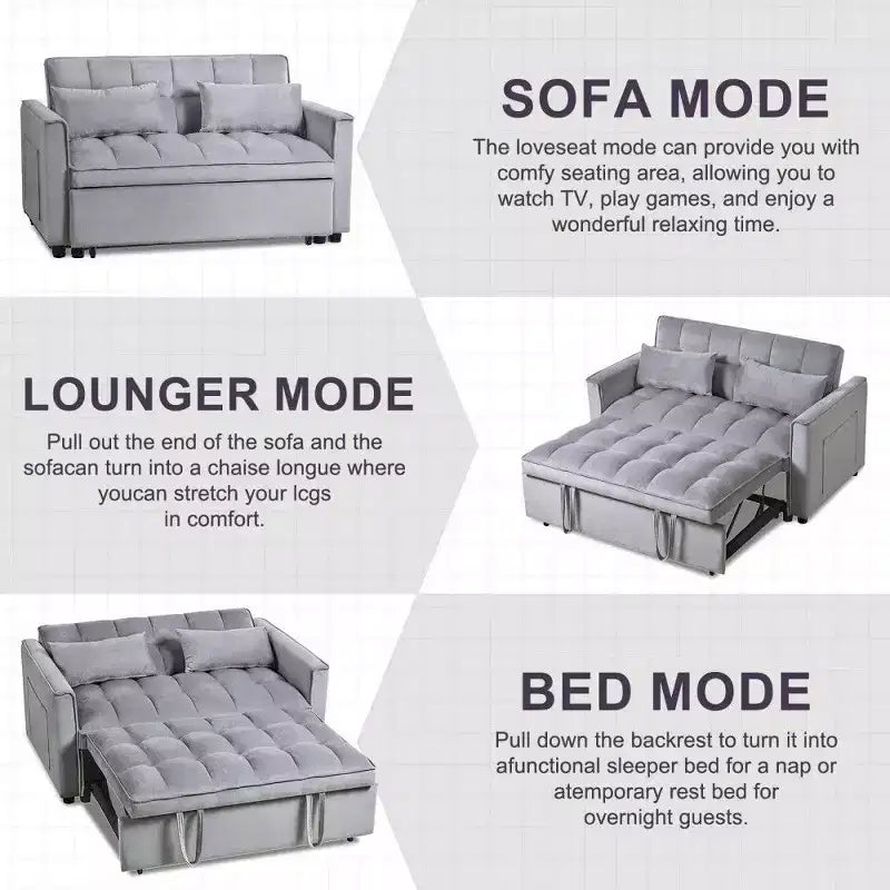 TUYOHW 3-in-1 Schlafsofa, modernes Ausziehsofa mit verstellbarer Rückenlehne und Aufbewahrungstaschen, Samt-Zweisitzer für Wohnzimmer