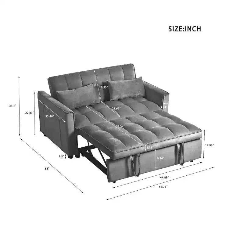 TUYOHW 3-in-1 Schlafsofa, modernes Ausziehsofa mit verstellbarer Rückenlehne und Aufbewahrungstaschen, Samt-Zweisitzer für Wohnzimmer