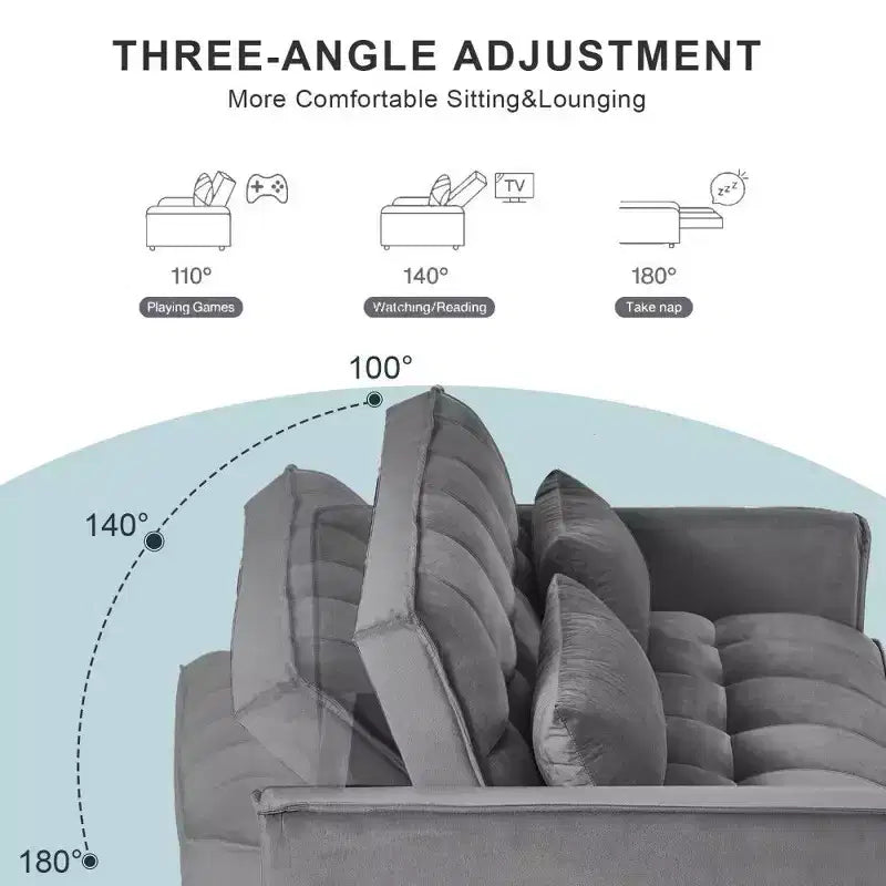 TUYOHW 3-in-1 Schlafsofa, modernes Ausziehsofa mit verstellbarer Rückenlehne und Aufbewahrungstaschen, Samt-Zweisitzer für Wohnzimmer