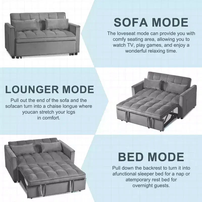 TUYOHW 3-in-1 Schlafsofa, modernes Ausziehsofa mit verstellbarer Rückenlehne und Aufbewahrungstaschen, Samt-Zweisitzer für Wohnzimmer