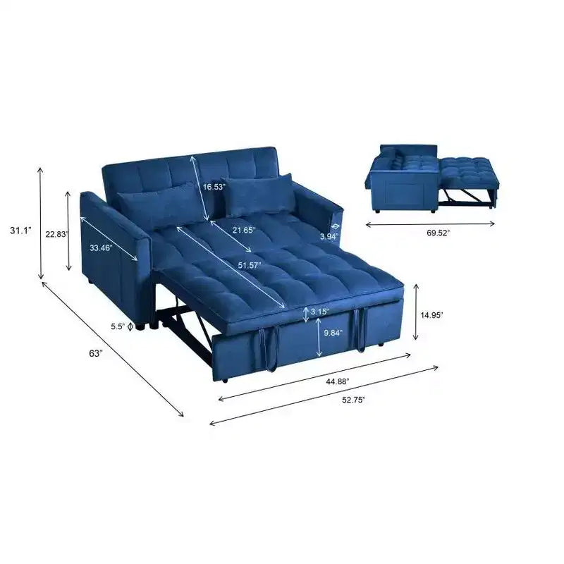 TUYOHW 3-in-1 Schlafsofa, modernes Ausziehsofa mit verstellbarer Rückenlehne und Aufbewahrungstaschen, Samt-Zweisitzer für Wohnzimmer