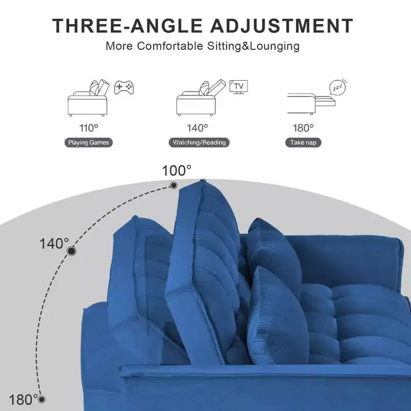TUYOHW 3-in-1 Schlafsofa, modernes Ausziehsofa mit verstellbarer Rückenlehne und Aufbewahrungstaschen, Samt-Zweisitzer für Wohnzimmer
