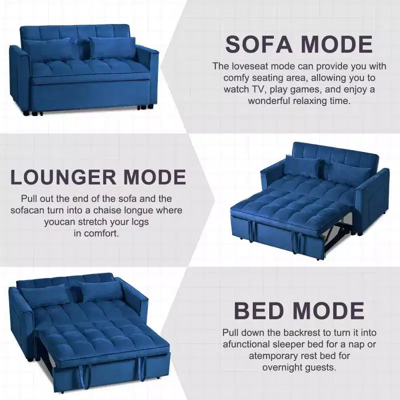 TUYOHW 3-in-1 Schlafsofa, modernes Ausziehsofa mit verstellbarer Rückenlehne und Aufbewahrungstaschen, Samt-Zweisitzer für Wohnzimmer