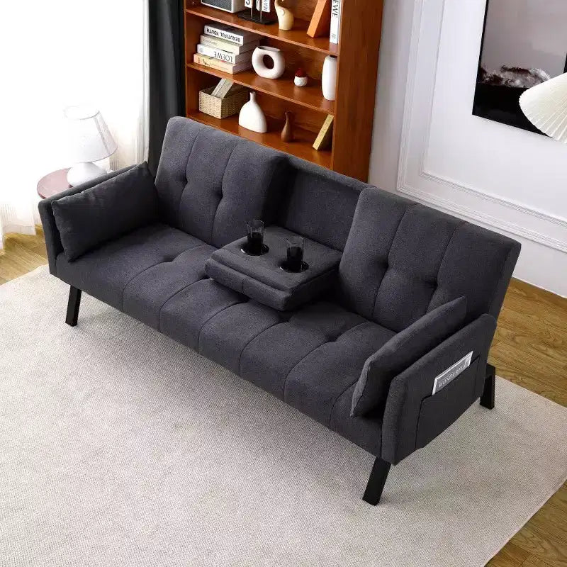 TUYOHW 70" klappbares Schlafsofa mit Getränkehalter & Seitenablage, Baumwoll-Leinen-Schlafsofa für kleine Räume