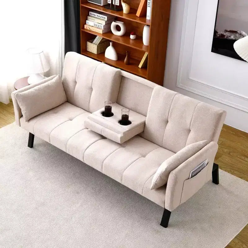 TUYOHW 70" klappbares Schlafsofa mit Getränkehalter & Seitenablage, Baumwoll-Leinen-Schlafsofa für kleine Räume