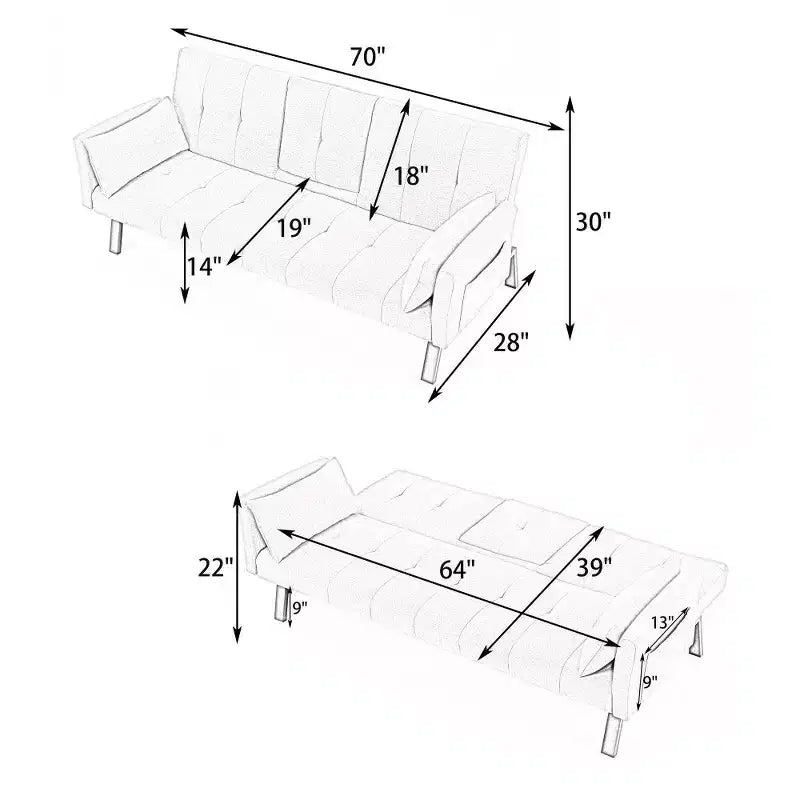 TUYOHW 70" klappbares Schlafsofa mit Getränkehalter & Seitenablage, Baumwoll-Leinen-Schlafsofa für kleine Räume