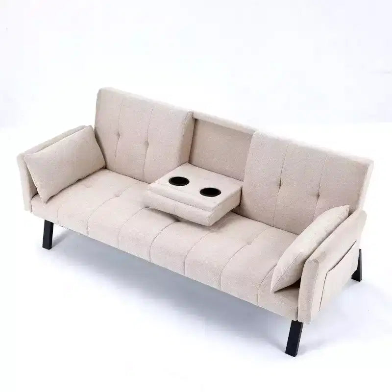 TUYOHW 70" klappbares Schlafsofa mit Getränkehalter & Seitenablage, Baumwoll-Leinen-Schlafsofa für kleine Räume