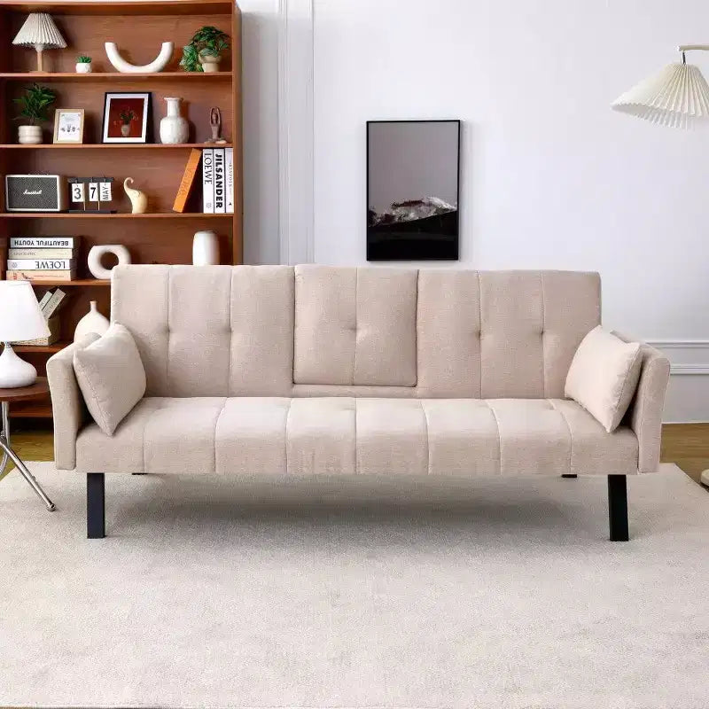 TUYOHW 70'' Foldable Sofa Bed with Cup Holder & Side Storage,Cotton Linen Sofa Bed for Small Spaces