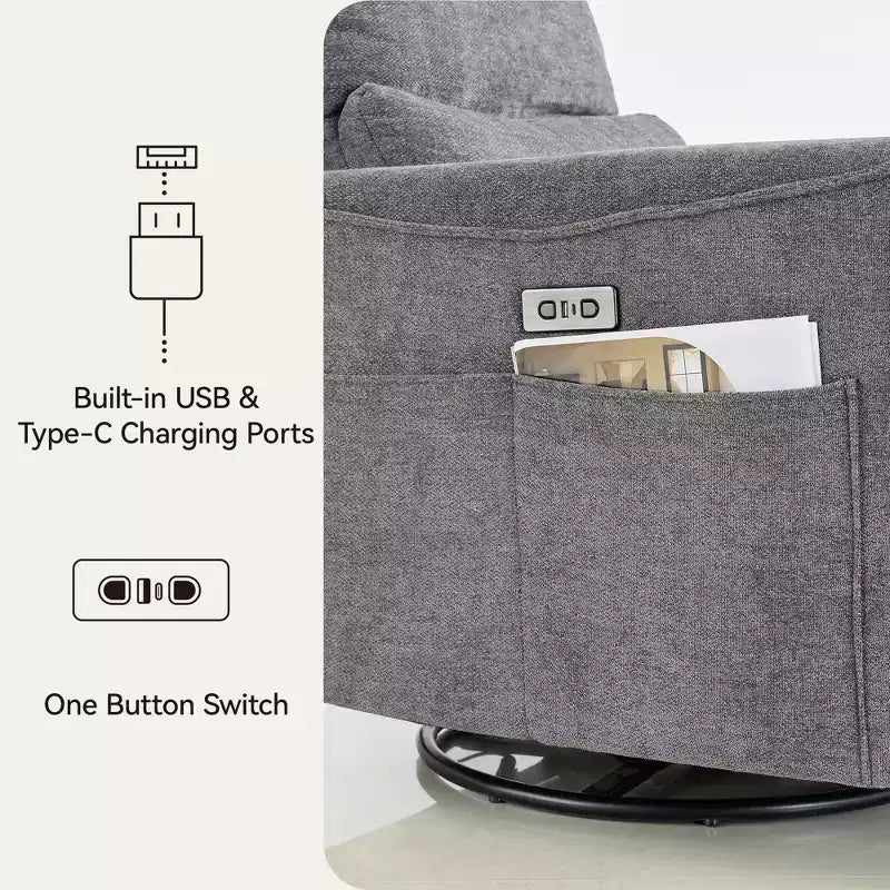 Dyonery Power Swivel Rocker Relaxsofa, kleines elektrisches Relaxsofa mit USB- & Typ-C-Anschlüssen, Gleitsessel für Kinderzimmer mit Lordosenstütze