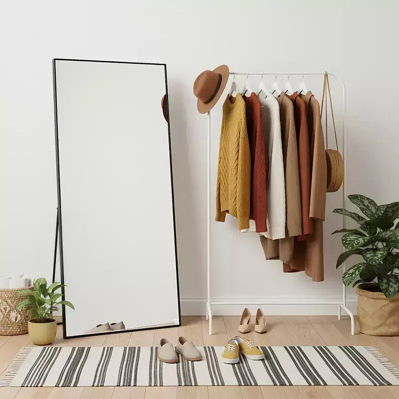 MAYEERTY Aluminum Full-Length Mirror 71x32in, Black, Right Angle, Tempered Glass, With Stand