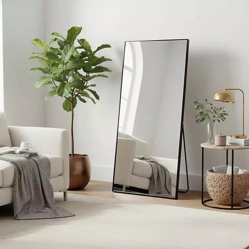 MAYEERTY Aluminium Ganzkörperspiegel 71x32in, Schwarz, rechtwinklig, gehärtetes Glas, mit Ständer