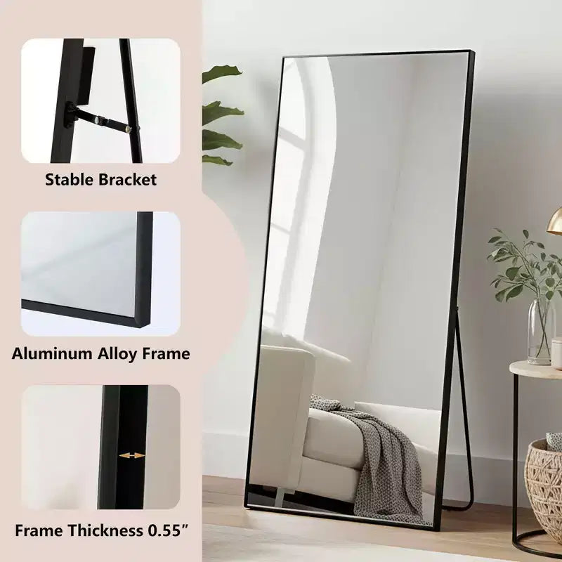 MAYEERTY Aluminium Ganzkörperspiegel 71x32in, Schwarz, rechtwinklig, gehärtetes Glas, mit Ständer