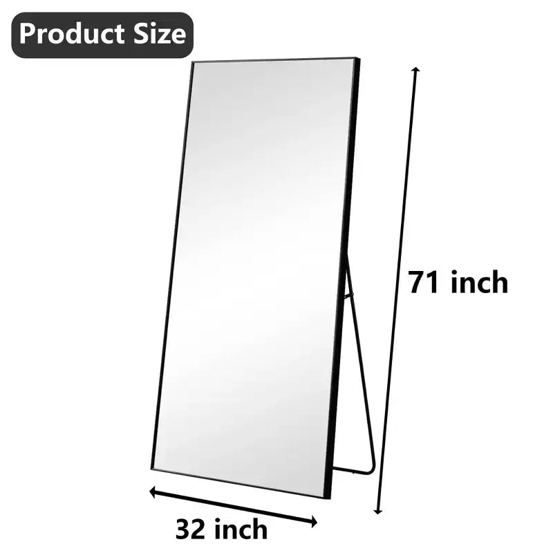 MAYEERTY Aluminium Ganzkörperspiegel 71x32in, Schwarz, rechtwinklig, gehärtetes Glas, mit Ständer