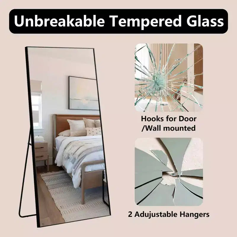 MAYEERTY Aluminium Ganzkörperspiegel 71x32in, Schwarz, rechtwinklig, gehärtetes Glas, mit Ständer