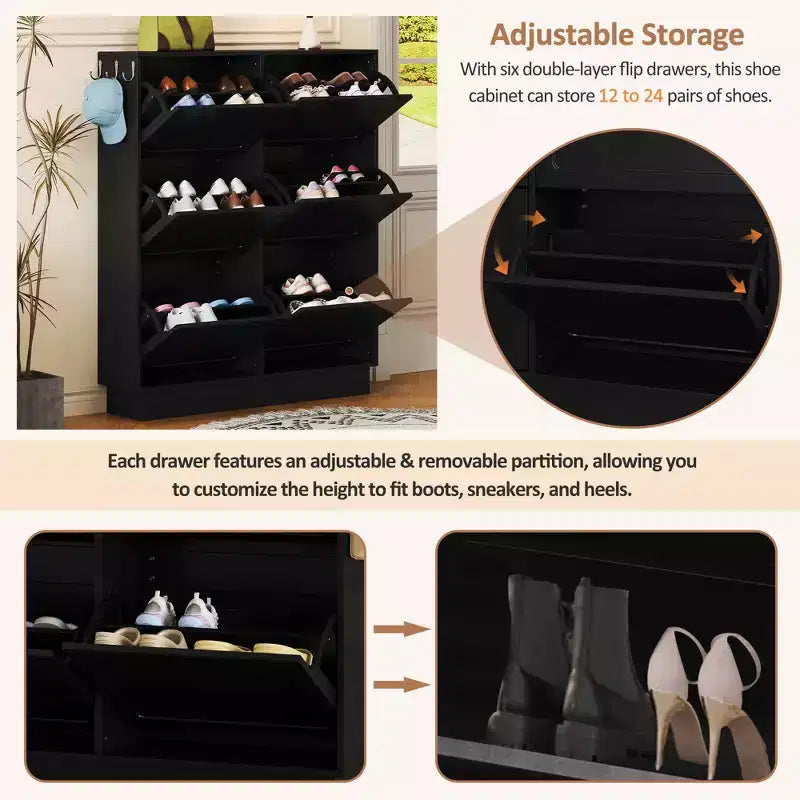 MAYEERTY Moderner Eleganter Schmaler Kippschuhschrank, 6 Kippschubladen, verstellbares Regal, 3 silberne Haken, Weiß