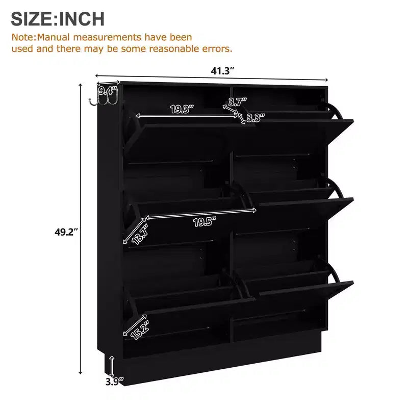 MAYEERTY Moderner Eleganter Schmaler Kippschuhschrank, 6 Kippschubladen, verstellbares Regal, 3 silberne Haken, Weiß