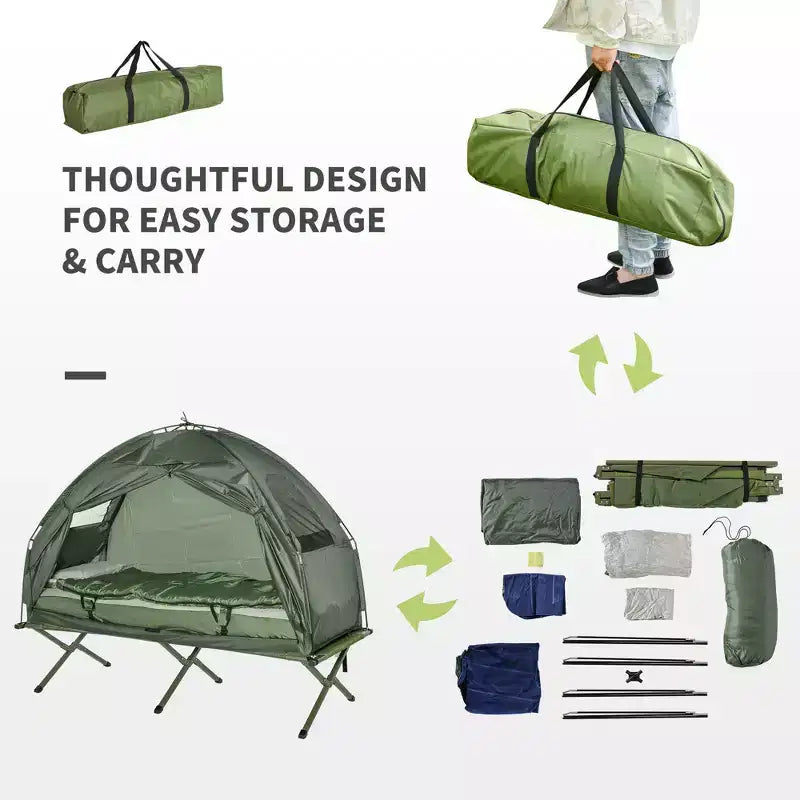 All-in-One Klappfeldbetten für Erwachsene, erhöhtes Zelt mit Schlafsack, dicke Luftmatratze, tragbares Einzelschlaf-Feldbett Campingbett