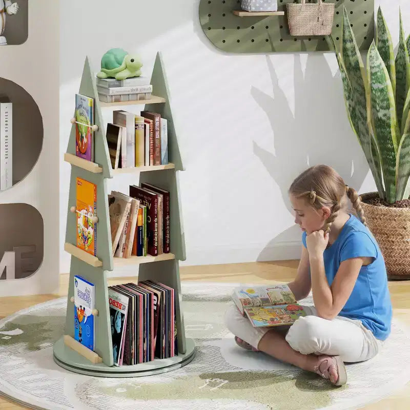 Costway Kinder drehbares Bücherregal, 4-stöckig, Baumform, drehbarer Bücherständer, 360°-Display-Regal