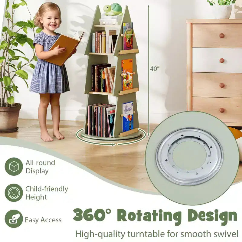 Costway Kinder drehbares Bücherregal, 4-stöckig, Baumform, drehbarer Bücherständer, 360°-Display-Regal