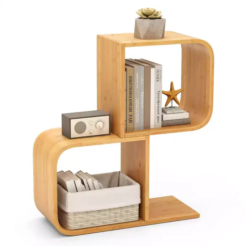 Costway Bamboo Geometric Bookshelf 2-Tier S-Shaped Bookcase w/ Anti-tipping Device