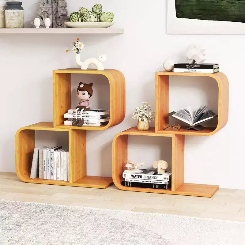 Costway Bambusregal Geometrisch 2-stöckiges S-förmiges Bücherregal mit Kippsicherung