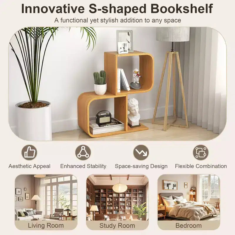Costway Bambusregal Geometrisch 2-stöckiges S-förmiges Bücherregal mit Kippsicherung