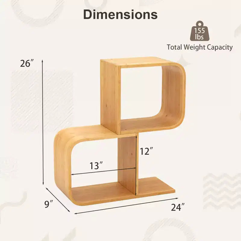 Costway Bambusregal Geometrisch 2-stöckiges S-förmiges Bücherregal mit Kippsicherung