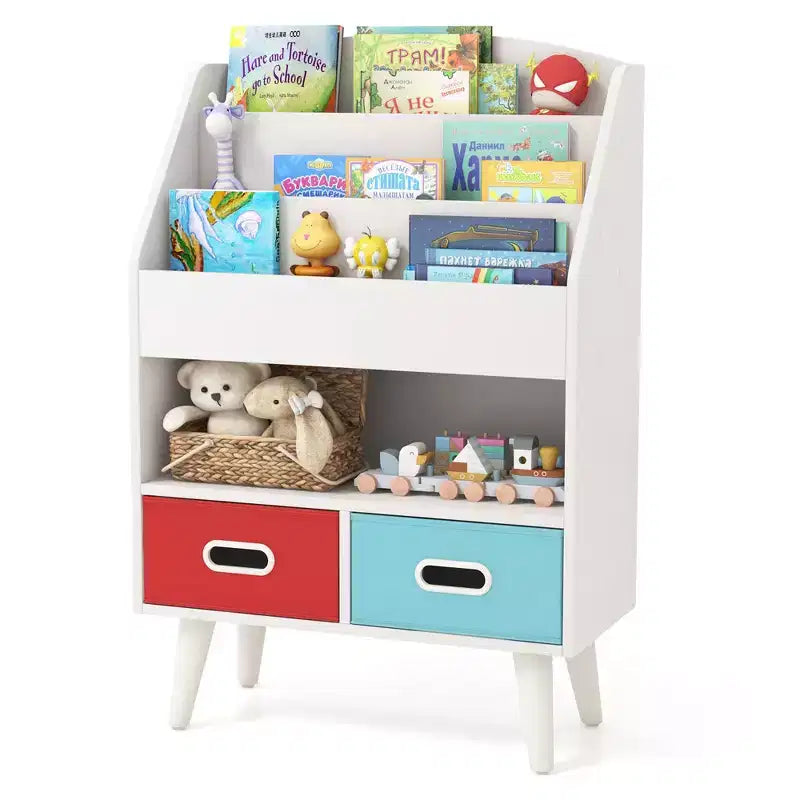 Costway Kids Bookshelf w/3-Tier Bookshelves Open Compartment & 2 Foldable Fabric Drawers