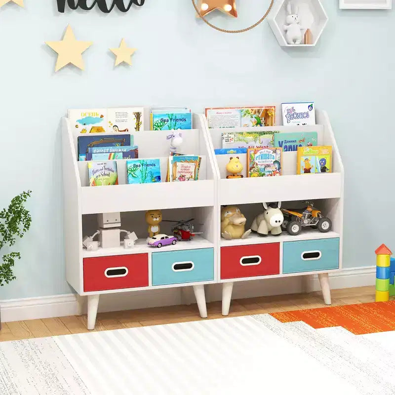 Costway Kinderbücherregal mit 3 Ablagen, offenem Fach und 2 faltbaren Stoffschubladen