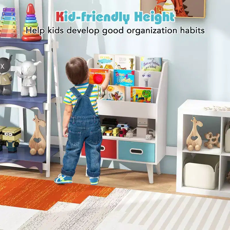 Costway Kinderbücherregal mit 3 Ablagen, offenem Fach und 2 faltbaren Stoffschubladen