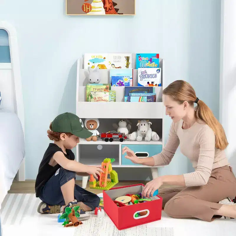 Costway Kinderbücherregal mit 3 Ablagen, offenem Fach und 2 faltbaren Stoffschubladen