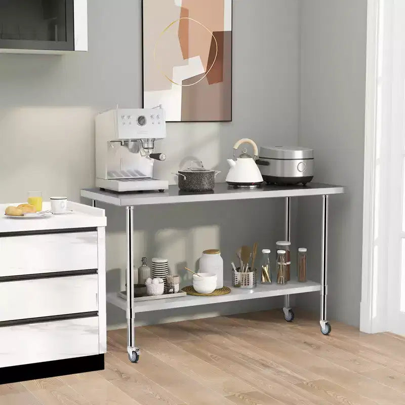 Costway Edelstahl-Arbeitstisch 60 x 24 Zoll, kratzfester Gastro-Vorbereitungstisch mit verstellbarem Unterboden und Fußpolstern