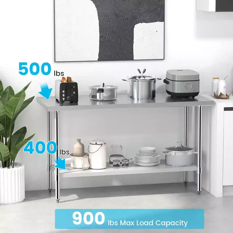 Costway Edelstahl-Arbeitstisch 60 x 24 Zoll, kratzfester Gastro-Vorbereitungstisch mit verstellbarem Unterboden und Fußpolstern