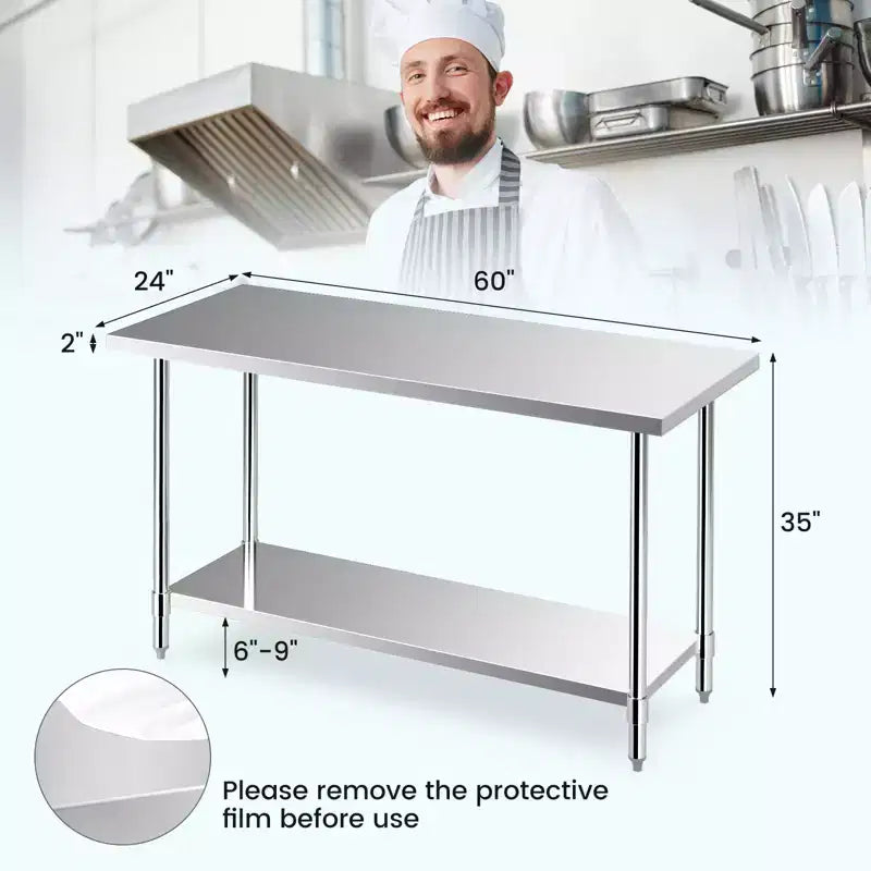 Costway Edelstahl-Arbeitstisch 60 x 24 Zoll, kratzfester Gastro-Vorbereitungstisch mit verstellbarem Unterboden und Fußpolstern