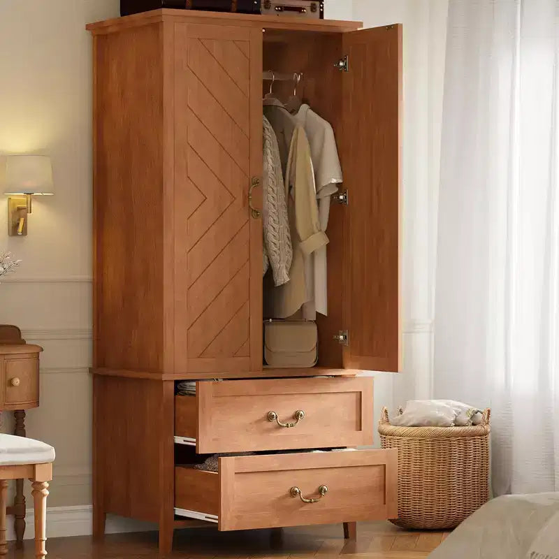 Wood Armoire Wardrobe Closet with 2 Drawers, 71''H Clothing Storage Cabinet with Metal Handing Rod, Armoire Clothes Organizer for Bedroom, Cloak Room