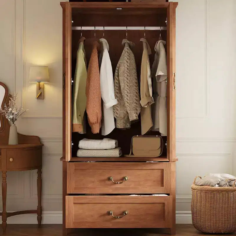 Holzschrank Kleiderschrank mit 2 Schubladen, 180 cm hoher Kleiderschrank mit Metallkleiderstange, Kleiderschrank-Organizer für Schlafzimmer, Garderobe