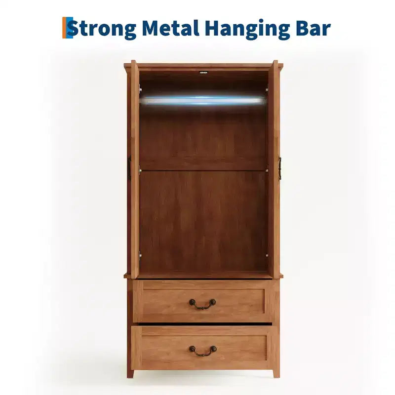 Holzschrank Kleiderschrank mit 2 Schubladen, 180 cm hoher Kleiderschrank mit Metallkleiderstange, Kleiderschrank-Organizer für Schlafzimmer, Garderobe